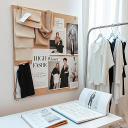 A curated fashion editorial mood board featuring an array of fabric swatches in elegant neutral and pastel tones, artfully pinned to the board