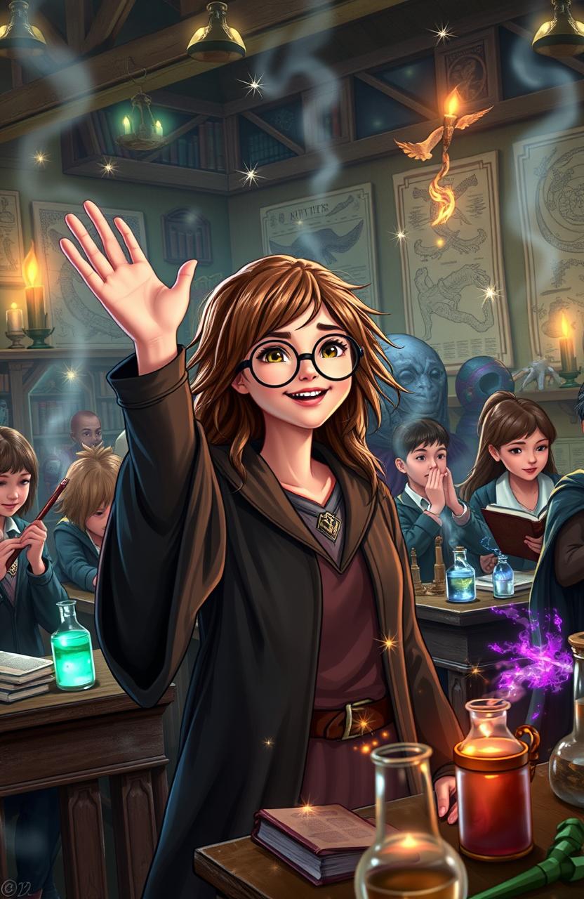 A whimsical scene set in the Harry Potter universe, featuring a magical classroom filled with various magical artifacts and books