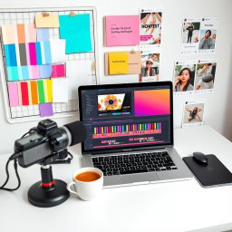 A vibrant digital content creator's modern workspace, prominently featuring a MacBook with an open video editing timeline, showcasing detailed editing work