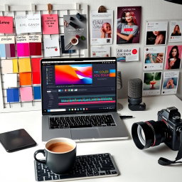 A vibrant digital content creator's modern workspace, prominently featuring a MacBook with an open video editing timeline, showcasing detailed editing work