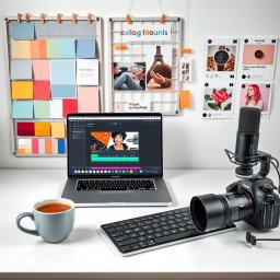 A vibrant digital content creator's modern workspace, prominently featuring a MacBook with an open video editing timeline, showcasing detailed editing work