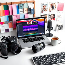 A vibrant digital content creator's modern workspace, prominently featuring a MacBook with an open video editing timeline, showcasing detailed editing work