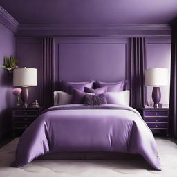 Modify the design of the 19 x 12 ft bedroom, brightening the deep purple tone to a lighter, softer shade of purple. Ensure that the rest of the décor elements blend seamlessly with this lighter hue.