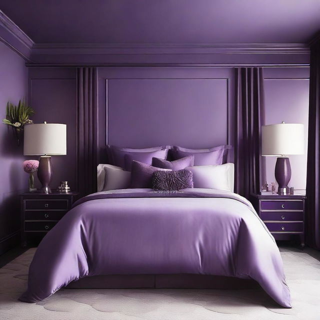 Modify the design of the 19 x 12 ft bedroom, brightening the deep purple tone to a lighter, softer shade of purple. Ensure that the rest of the décor elements blend seamlessly with this lighter hue.