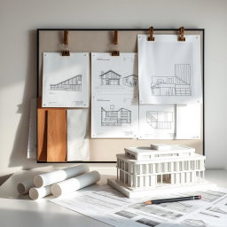 An elegantly curated architecture and interior design editorial mood board, featuring meticulously arranged architectural sketches pinned with stylish metal clips that showcase innovative designs