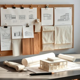 An elegantly curated architecture and interior design editorial mood board, featuring meticulously arranged architectural sketches pinned with stylish metal clips that showcase innovative designs