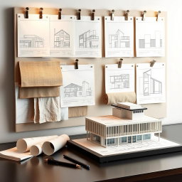 An elegantly curated architecture and interior design editorial mood board, featuring meticulously arranged architectural sketches pinned with stylish metal clips that showcase innovative designs