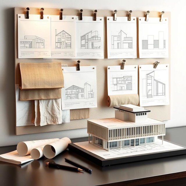 An elegantly curated architecture and interior design editorial mood board, featuring meticulously arranged architectural sketches pinned with stylish metal clips that showcase innovative designs