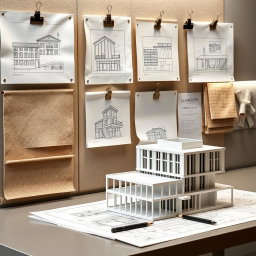 An elegantly curated architecture and interior design editorial mood board, featuring meticulously arranged architectural sketches pinned with stylish metal clips that showcase innovative designs
