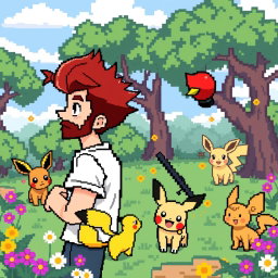 An engaging 8-bit art scene depicting a boy with a beard and brown hair, dressed in casual attire, alongside his girlfriend with vibrant red hair styled in a playful fashion