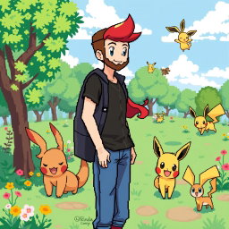 An engaging 8-bit art scene depicting a boy with a beard and brown hair, dressed in casual attire, alongside his girlfriend with vibrant red hair styled in a playful fashion