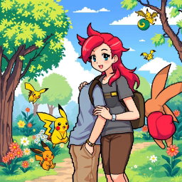 An engaging 8-bit art scene depicting a boy with a beard and brown hair, dressed in casual attire, alongside his girlfriend with vibrant red hair styled in a playful fashion