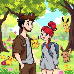 An engaging 8-bit art scene depicting a boy with a beard and brown hair, dressed in casual attire, alongside his girlfriend with vibrant red hair styled in a playful fashion