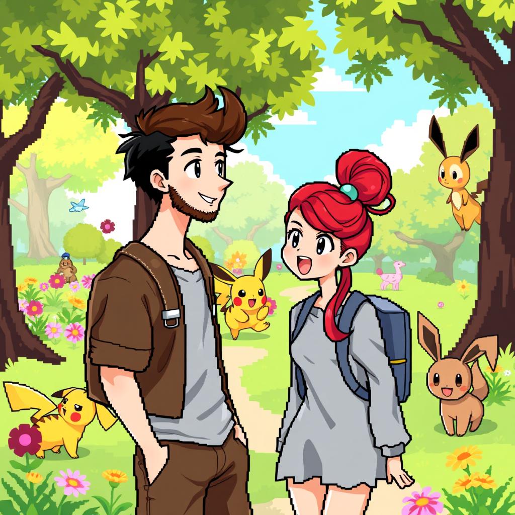 An engaging 8-bit art scene depicting a boy with a beard and brown hair, dressed in casual attire, alongside his girlfriend with vibrant red hair styled in a playful fashion