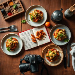 An inviting food and lifestyle editorial mood board, featuring a rustic wooden table elegantly set with beautifully plated gourmet dishes that showcase culinary creativity