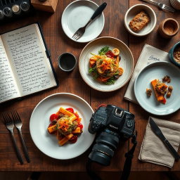 An inviting food and lifestyle editorial mood board, featuring a rustic wooden table elegantly set with beautifully plated gourmet dishes that showcase culinary creativity
