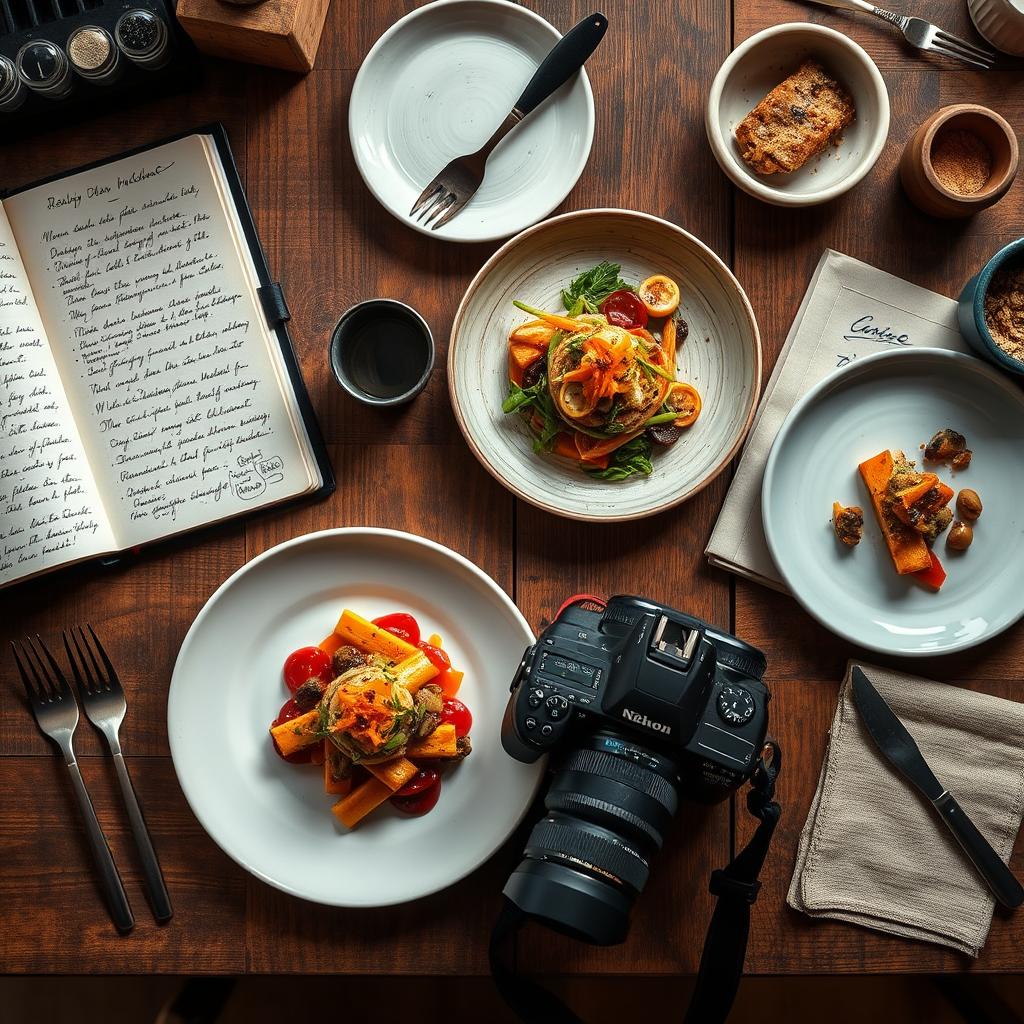 An inviting food and lifestyle editorial mood board, featuring a rustic wooden table elegantly set with beautifully plated gourmet dishes that showcase culinary creativity