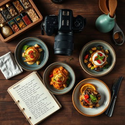An inviting food and lifestyle editorial mood board, featuring a rustic wooden table elegantly set with beautifully plated gourmet dishes that showcase culinary creativity