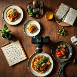 An inviting food and lifestyle editorial mood board, featuring a rustic wooden table elegantly set with beautifully plated gourmet dishes that showcase culinary creativity