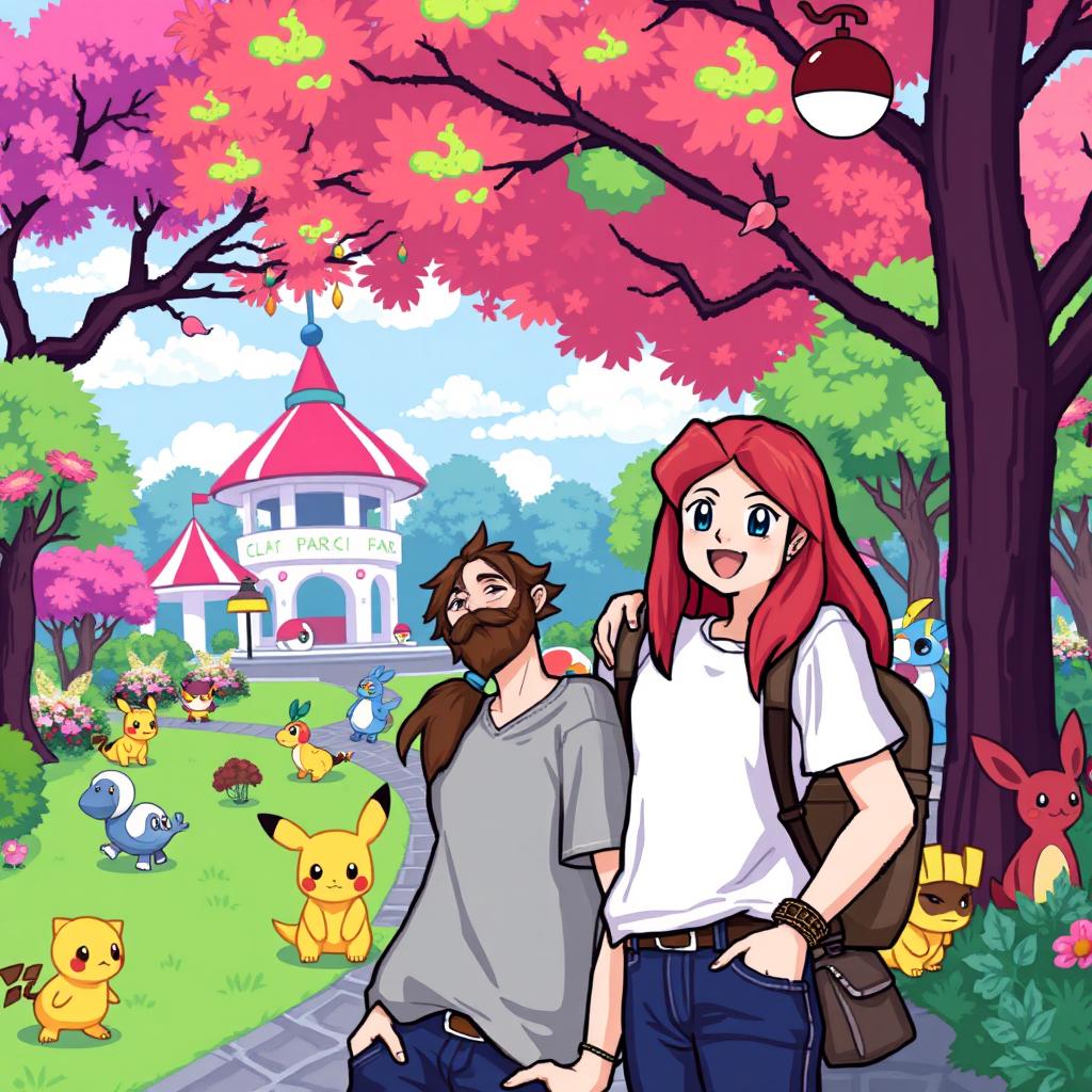 A pixel art style scene depicting a young man with a beard and brown hair, standing next to his redhead girlfriend, both enjoying their time in a vibrant Pokémon-themed park