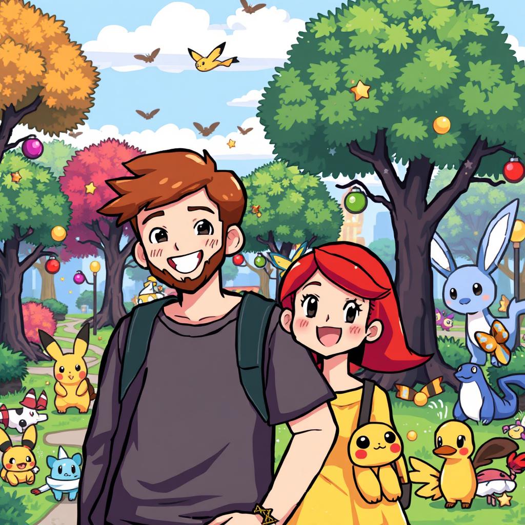 A pixel art scene featuring a young man with a beard and brown hair alongside his redhead girlfriend, both having a delightful time in a Pokémon-themed park