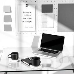 A striking monochrome editorial mood board, featuring a sleek glass desk elegantly arranged with a thin-bezel laptop displaying a black-and-white, typography-focused design that captures attention