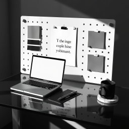 A striking monochrome editorial mood board, featuring a sleek glass desk elegantly arranged with a thin-bezel laptop displaying a black-and-white, typography-focused design that captures attention