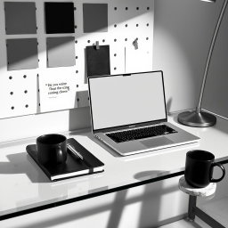 A striking monochrome editorial mood board, featuring a sleek glass desk elegantly arranged with a thin-bezel laptop displaying a black-and-white, typography-focused design that captures attention