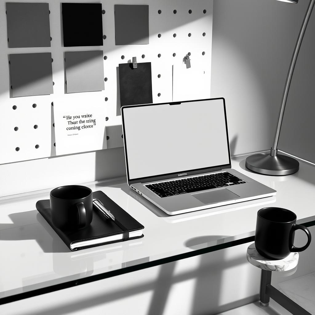 A striking monochrome editorial mood board, featuring a sleek glass desk elegantly arranged with a thin-bezel laptop displaying a black-and-white, typography-focused design that captures attention
