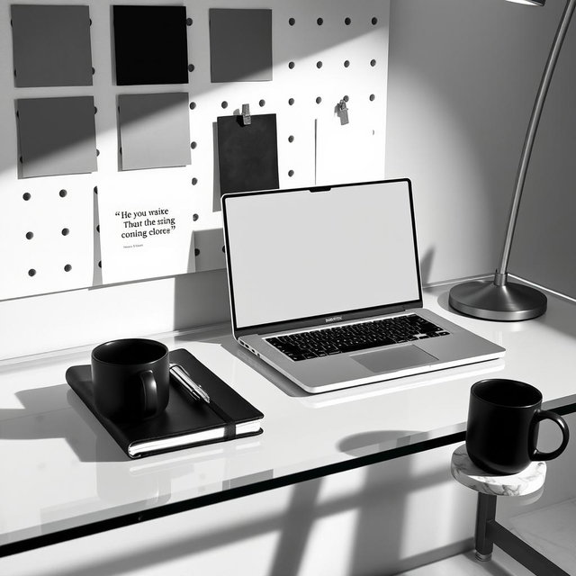A striking monochrome editorial mood board, featuring a sleek glass desk elegantly arranged with a thin-bezel laptop displaying a black-and-white, typography-focused design that captures attention