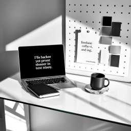 A striking monochrome editorial mood board, featuring a sleek glass desk elegantly arranged with a thin-bezel laptop displaying a black-and-white, typography-focused design that captures attention