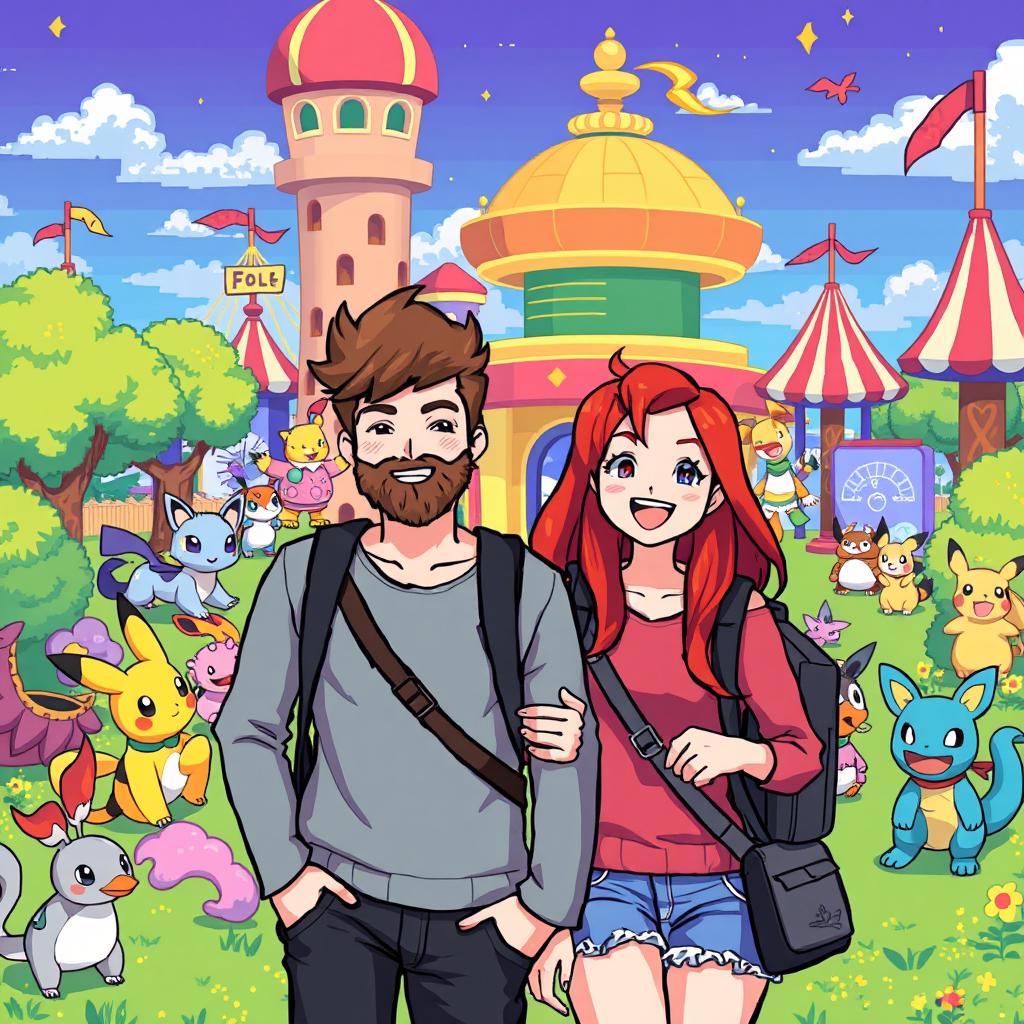 A pixel art scene showcasing a young man with a beard and brown hair alongside his redhead girlfriend, both joyfully exploring a vibrant Pokémon park