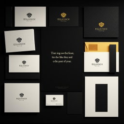 An opulent luxury branding mood board, showcasing a high-end aesthetic with meticulously embossed logo samples elegantly displayed on textured black and white paper, creating a striking contrast
