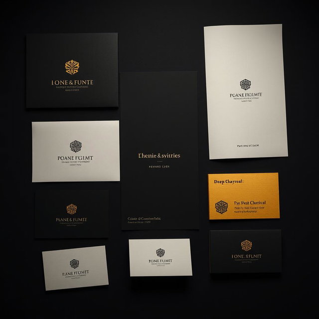 An opulent luxury branding mood board, showcasing a high-end aesthetic with meticulously embossed logo samples elegantly displayed on textured black and white paper, creating a striking contrast