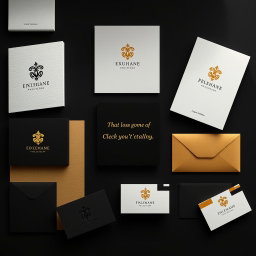 An opulent luxury branding mood board, showcasing a high-end aesthetic with meticulously embossed logo samples elegantly displayed on textured black and white paper, creating a striking contrast