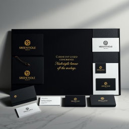 An opulent luxury branding mood board, showcasing a high-end aesthetic with meticulously embossed logo samples elegantly displayed on textured black and white paper, creating a striking contrast