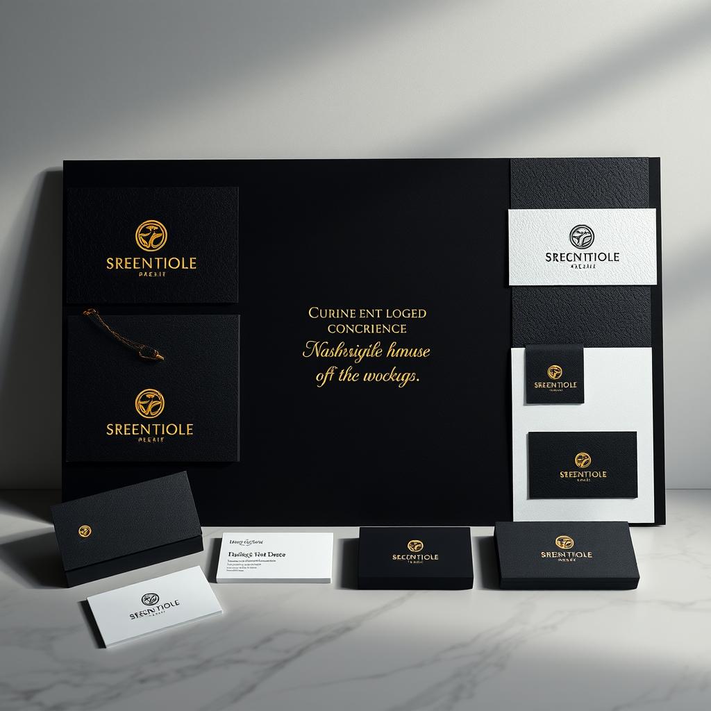 An opulent luxury branding mood board, showcasing a high-end aesthetic with meticulously embossed logo samples elegantly displayed on textured black and white paper, creating a striking contrast