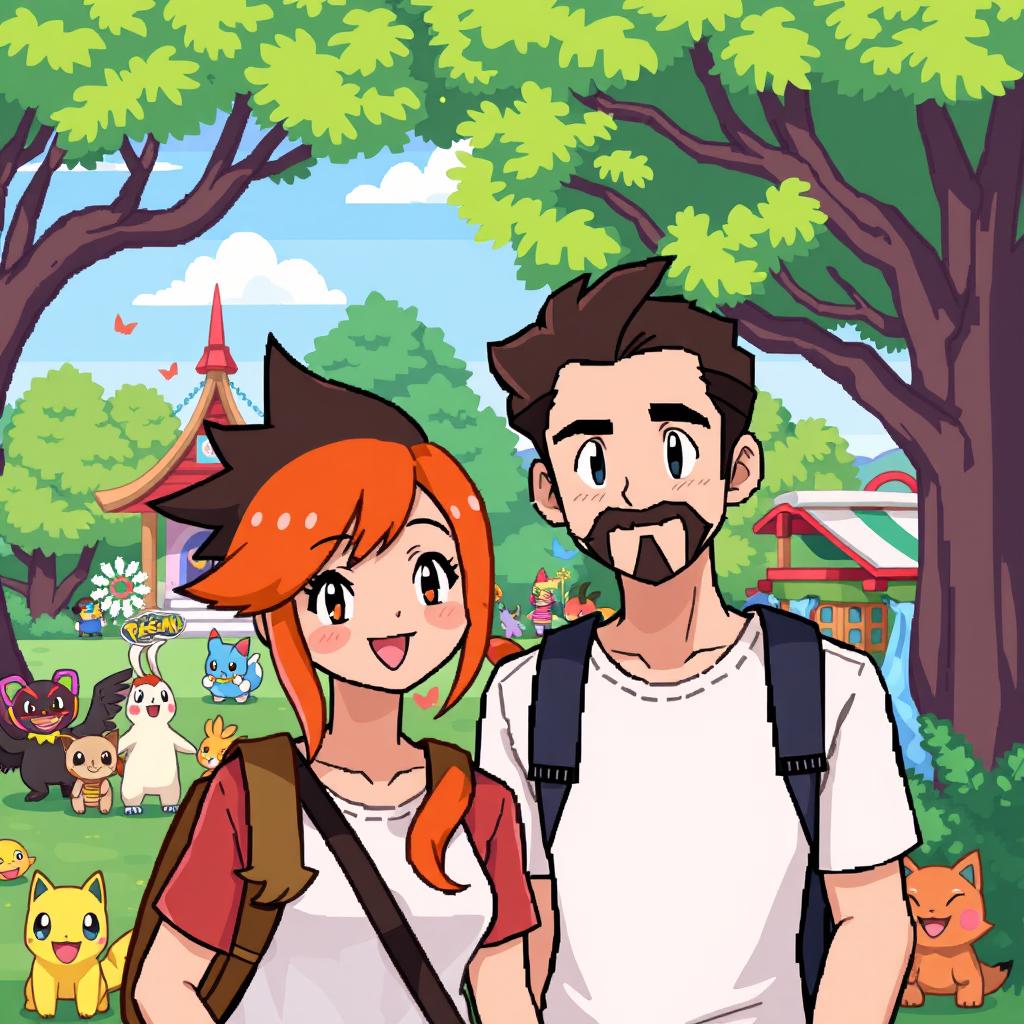 A pixel art style illustration of a Pokémon park, featuring a male character with dark brown hair, a mustache, and a beard, standing alongside his girlfriend who has vibrant orange hair