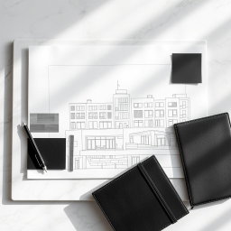 A sophisticated architectural and design mood board, showcasing a sharp and structured layout with pristine white and gray-scale building blueprints neatly arranged on a polished marble slab, creating an elegant backdrop