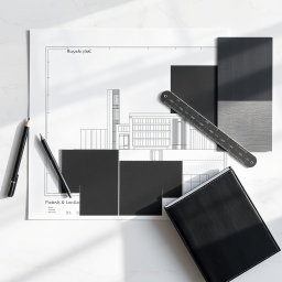 A sophisticated architectural and design mood board, showcasing a sharp and structured layout with pristine white and gray-scale building blueprints neatly arranged on a polished marble slab, creating an elegant backdrop