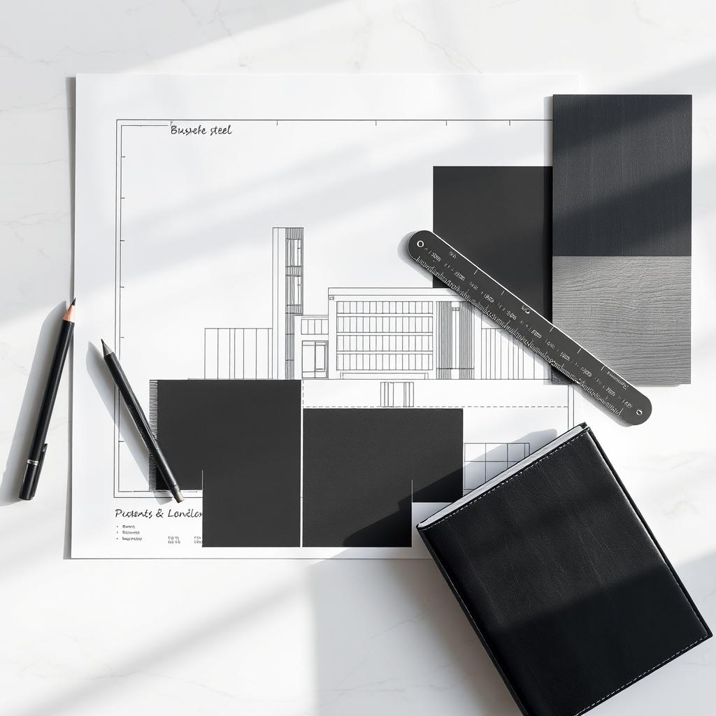 A sophisticated architectural and design mood board, showcasing a sharp and structured layout with pristine white and gray-scale building blueprints neatly arranged on a polished marble slab, creating an elegant backdrop