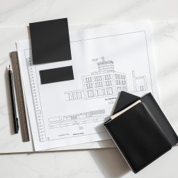 A sophisticated architectural and design mood board, showcasing a sharp and structured layout with pristine white and gray-scale building blueprints neatly arranged on a polished marble slab, creating an elegant backdrop