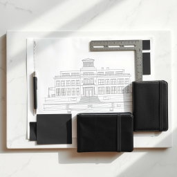 A sophisticated architectural and design mood board, showcasing a sharp and structured layout with pristine white and gray-scale building blueprints neatly arranged on a polished marble slab, creating an elegant backdrop
