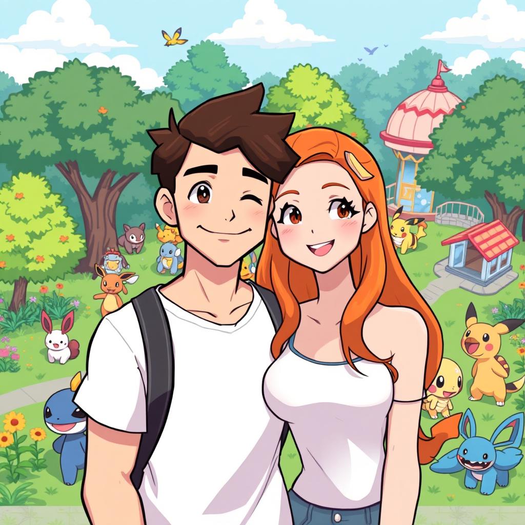 A pixel art style illustration of a Pokémon park, featuring a male character with dark brown hair, a mustache, and a beard, standing closely beside his girlfriend who has bright orange hair