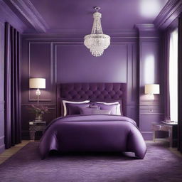 Modify the design of the 19 x 12 ft bedroom, brightening the deep purple tone to a lighter, softer shade of purple. Ensure that the rest of the décor elements blend seamlessly with this lighter hue.