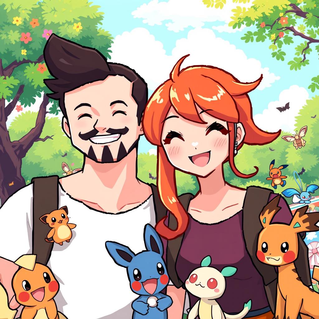 A charming pixel art depiction of a Pokémon park featuring a male character with dark brown hair, a mustache, and a beard, next to his girlfriend with bright orange hair