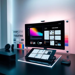 A cutting-edge tech and innovation mood board, depicting a futuristic workspace featuring a sleek curved monitor displaying a dark-mode interface that exudes modernity and sophistication
