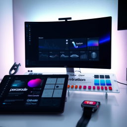 A cutting-edge tech and innovation mood board, depicting a futuristic workspace featuring a sleek curved monitor displaying a dark-mode interface that exudes modernity and sophistication