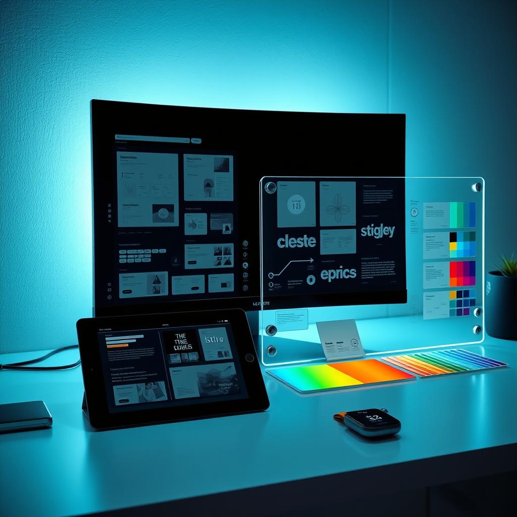 A cutting-edge tech and innovation mood board, depicting a futuristic workspace featuring a sleek curved monitor displaying a dark-mode interface that exudes modernity and sophistication