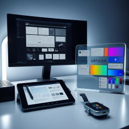 A cutting-edge tech and innovation mood board, depicting a futuristic workspace featuring a sleek curved monitor displaying a dark-mode interface that exudes modernity and sophistication